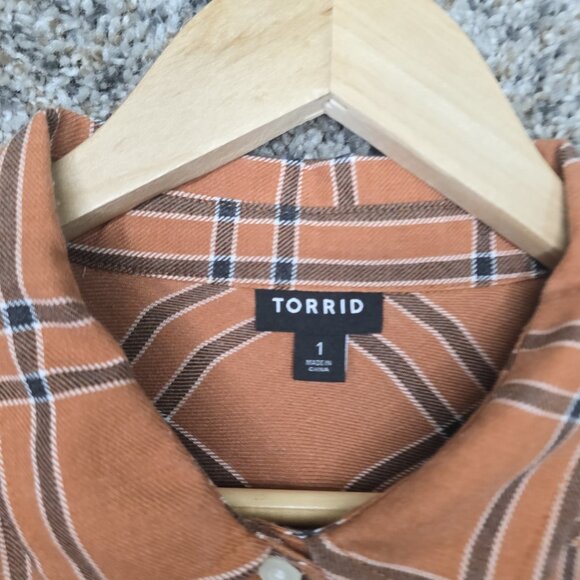Torrid Top Womens 1 US Plus 1X Dusty Orange Plaid Twill Button Up Casual Ladies - Picture 6 of 7